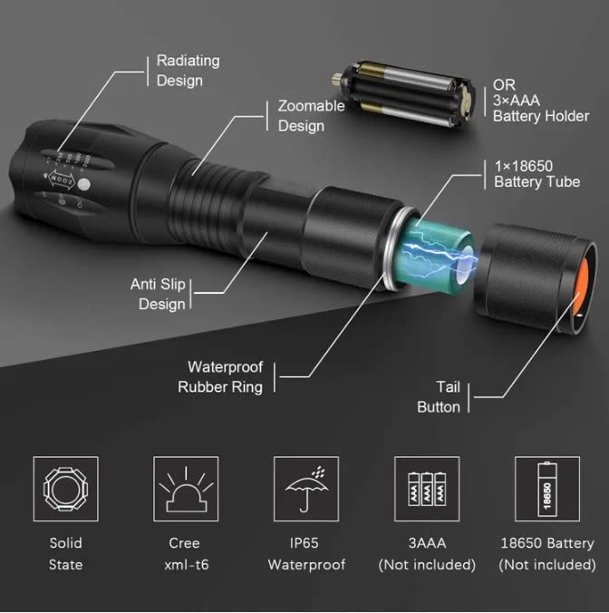 Comphygo Led Hand Rechargeable Flashlights Lights S Rechargeable Aluminium Alloy,High Lumens With 5 Modes,Waterproof Focus Zoomable Flash Light, camping essentials good add to your camping accessories