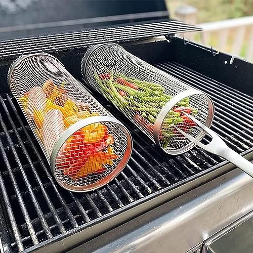 ComphyGo Grill Basket 2 PCS, BBQ Grill Basket, Rolling Grilling Basket, Stainless Steel Grill Mesh BBQ Grill Accessories, Portable Grill Baskets for Outdoor Grill for Fish,Meat, Vegetables, Fries