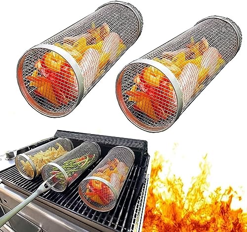 ComphyGo Grill Basket 2 PCS, BBQ Grill Basket, Rolling Grilling Basket, Stainless Steel Grill Mesh BBQ Grill Accessories, Portable Grill Baskets for Outdoor Grill for Fish,Meat, Vegetables, Fries