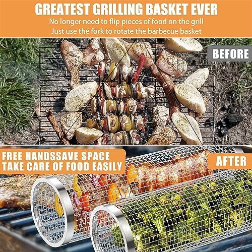 ComphyGo Grill Basket 2 PCS, BBQ Grill Basket, Rolling Grilling Basket, Stainless Steel Grill Mesh BBQ Grill Accessories, Portable Grill Baskets for Outdoor Grill for Fish,Meat, Vegetables, Fries