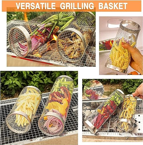 ComphyGo Grill Basket 2 PCS, BBQ Grill Basket, Rolling Grilling Basket, Stainless Steel Grill Mesh BBQ Grill Accessories, Portable Grill Baskets for Outdoor Grill for Fish,Meat, Vegetables, Fries
