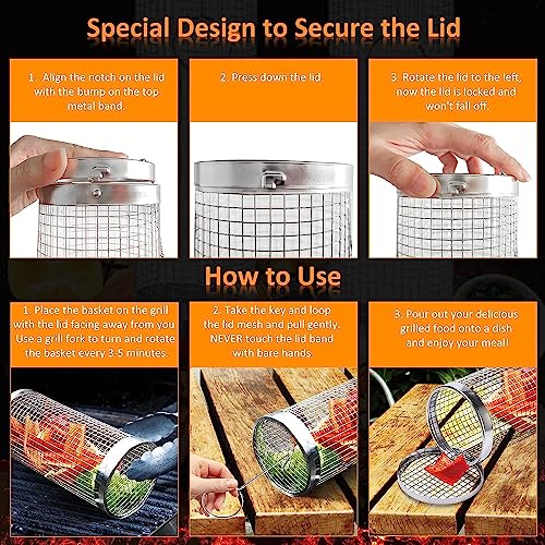 ComphyGo Grill Basket 2 PCS, BBQ Grill Basket, Rolling Grilling Basket, Stainless Steel Grill Mesh BBQ Grill Accessories, Portable Grill Baskets for Outdoor Grill for Fish,Meat, Vegetables, Fries