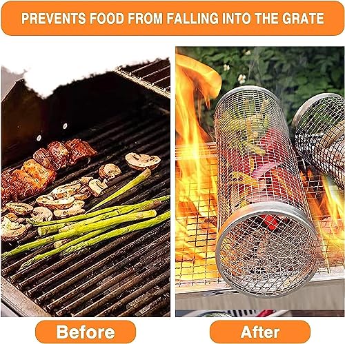 ComphyGo Grill Basket 2 PCS, BBQ Grill Basket, Rolling Grilling Basket, Stainless Steel Grill Mesh BBQ Grill Accessories, Portable Grill Baskets for Outdoor Grill for Fish,Meat, Vegetables, Fries