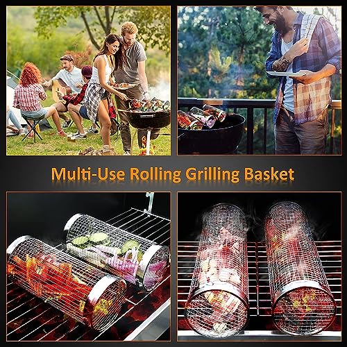 ComphyGo Grill Basket 2 PCS, BBQ Grill Basket, Rolling Grilling Basket, Stainless Steel Grill Mesh BBQ Grill Accessories, Portable Grill Baskets for Outdoor Grill for Fish,Meat, Vegetables, Fries