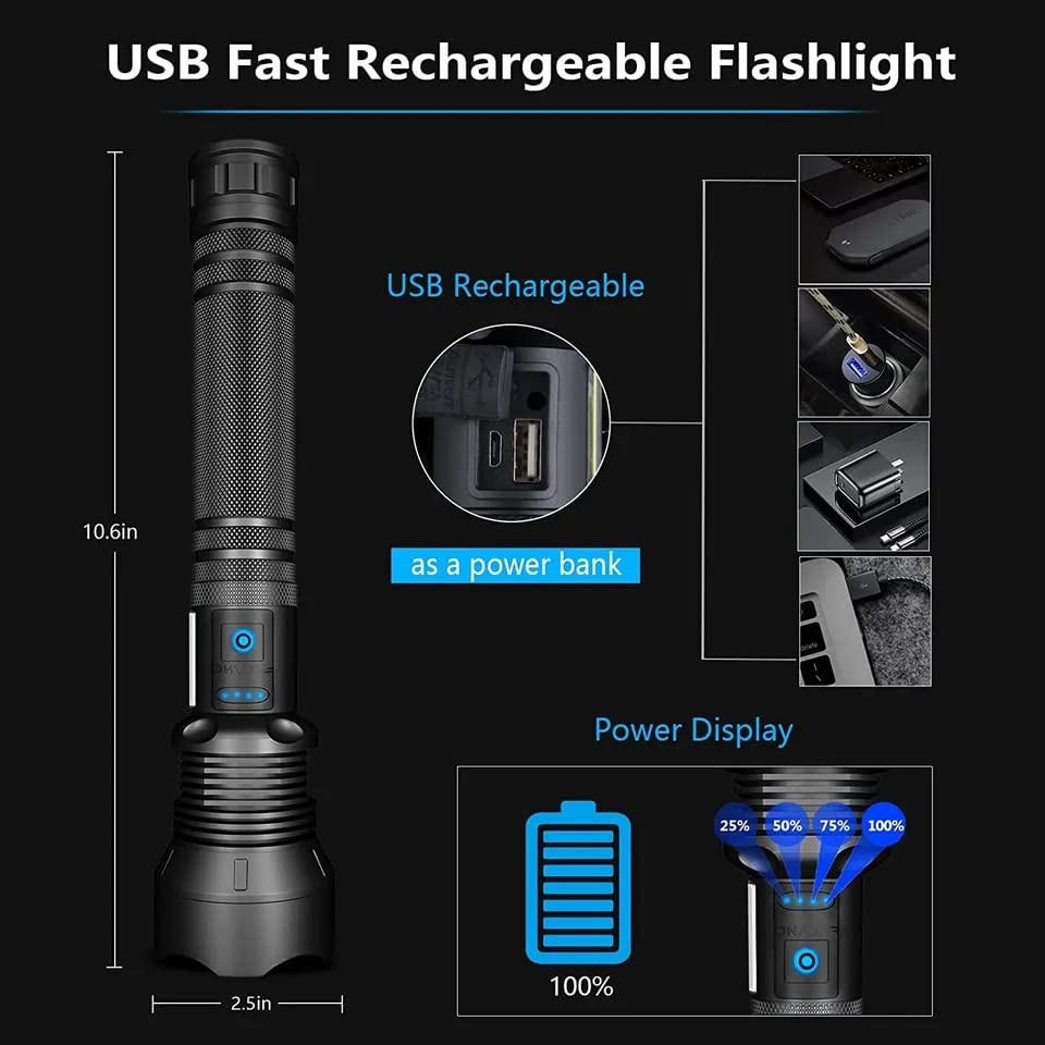 ComphyGo Rechargeable Flashlights High 150000 Lumens Lumens, Super Bright LED Tactial Flash Lights for Camping, Hiking,- Waterproof IPX6, 7 Light Modes Zoomable Flash Light - Camping Essentials