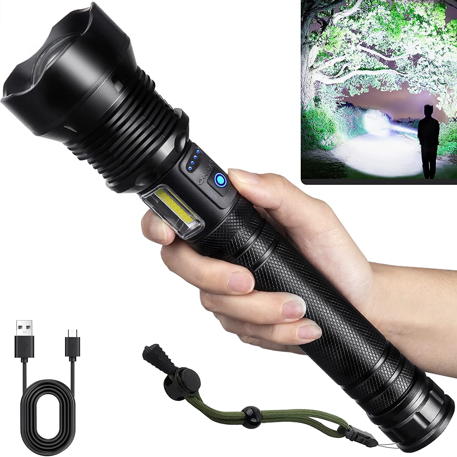 brightest rechargeable tactical flashlight ComphyGo Rechargeable Flashlights High 150000 Lumens Lumens, Super Bright LED Tactial Flash Lights for Camping, Hiking,- Waterproof IPX6, 7 Light
