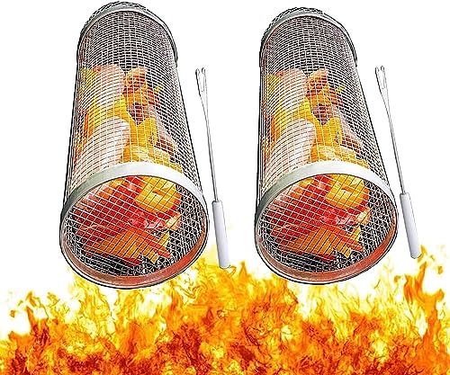 ComphyGo Grill Basket 2 PCS, BBQ Grill Basket, Rolling Grilling Basket, Stainless Steel Grill Mesh BBQ Grill Accessories, Portable Grill Baskets for Outdoor Grill for Fish,Meat, Vegetables, Fries